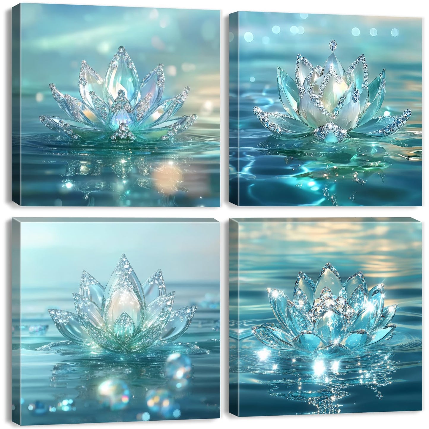 Lotus Flower Wall Art Teal Bathroom Wall Decor Zen Picture for Walls Canvas Prints Paintings Spiritual Meditation Wall Decor Turquoise Water Flowers Poster Yoga Room Artwork Decorations 12x12" 4Pcs