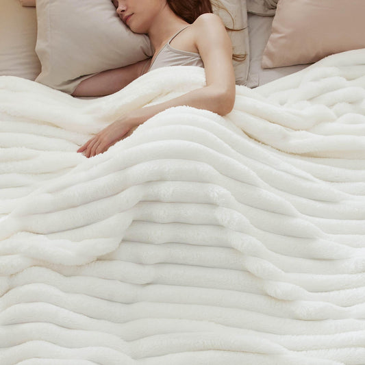 Bedsure Blankets Queen Size for Bed - 350GSM Super GentleSoft Fuzzy Fluffy Cozy Blankets for Women, Cute Large Plush Fleece Throws for Girls, White，90x90 Inches, Wider Striped Design