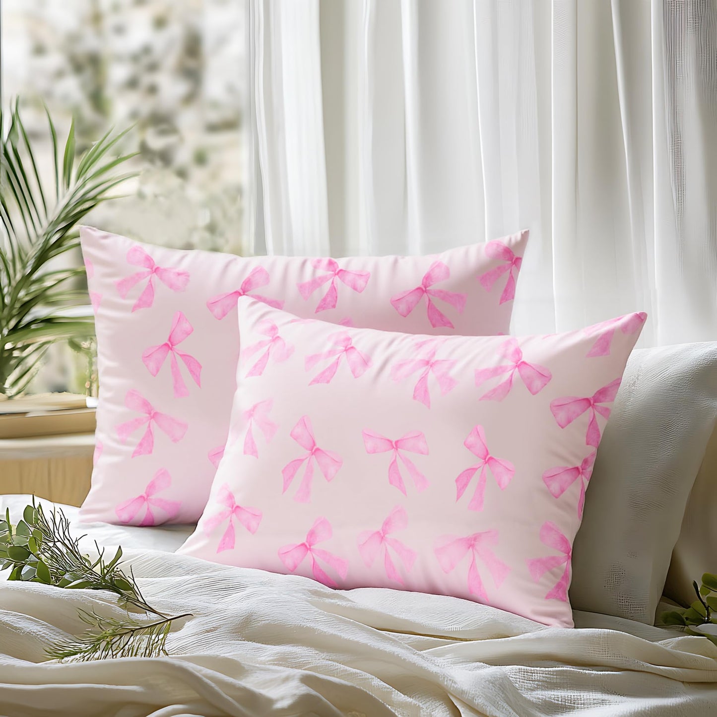 YZFDUI Pink Bow Satin Pillowcase for Hair & Skin Care, Standard Size Set of 2 - Luxurious Satin Pillow Cover with Envelope Closure(20x26 Inches)
