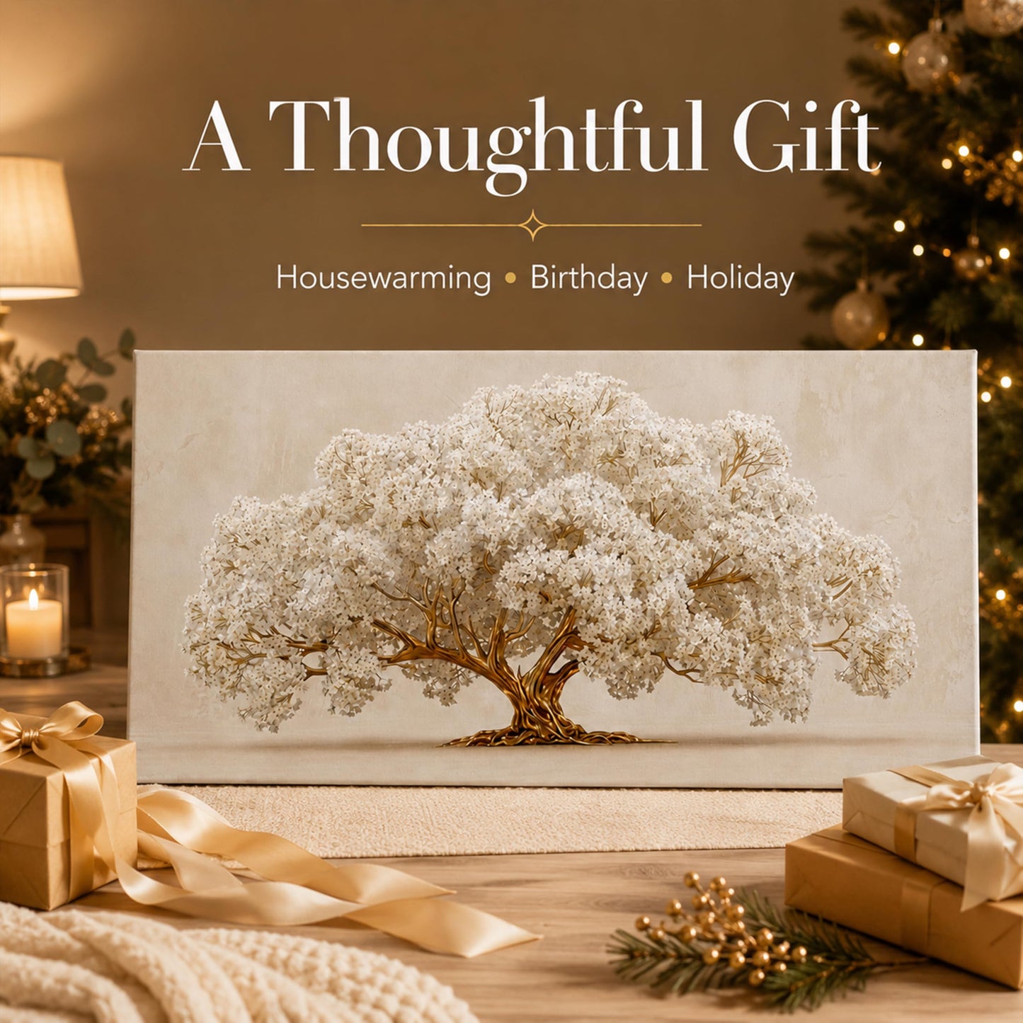 Anpeer Large Tree of Life Canvas Wall Art, Gold and White Big Tree Painting Picture Wall Decor, Neutral Beige Botanical Floral Print Artwork, for Office Living Room Dining Bedroom Home Decoration