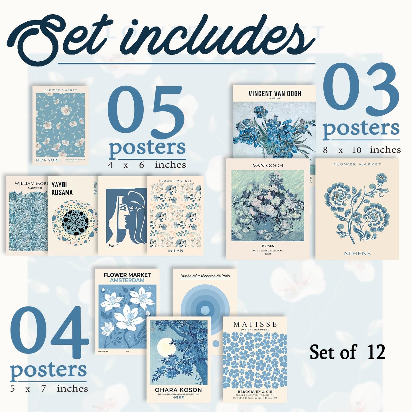 Aroutde Light Blue Wall Art Matisse Modern Wall Decor Coquette Aesthetic Blue Pictures Canvas Gallery Prints For Living Room Bedroon Dorm Set of 12 (Unframed)