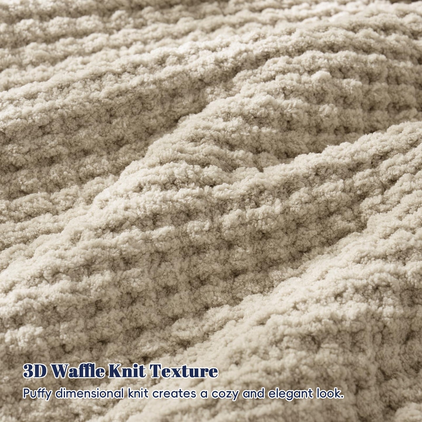 PHF Chenille Waffle Knit Blanket Twin Size- Plush Warm & Cozy 60" x 80" Ultra Soft Blanket- Chunky Fluffy Waffle Bedding for Home Decor - Natural