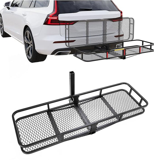 KUAFU 60"x19.5"x5.5" Folding Hitch Mount Cargo Carrier Rear Luggage Basket Fit 2" Receiver for Van, SUV, Truck, Trailer, Car Fold Up Trailer Tow Hitch Cargo Rack 550LBS Capacity
