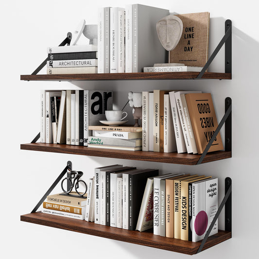HausRegal Floating Shelves for Wall, 24W x 8D Wide Bookshelf with Brackets Set of 3, Wood Wall Mounted Shelves for Living Room, Kitchen, Bathroom, Bedroom and Decor Storage(Walnut)