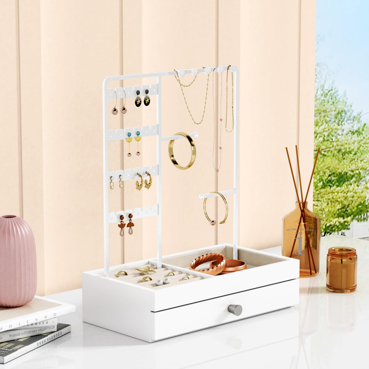 Goozii White Jewelry Organizer Stand Stud Earring Holder, Necklace Display Stand with Drawer, Jewelry Tower Tree for Bracelets Rings, Birthday Valentines Day Gifts for Her Teen Girls Women Wife