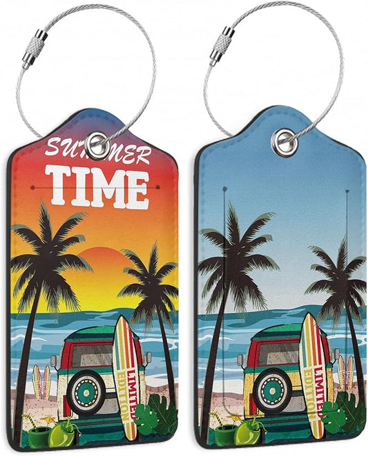 Retro Bus Luggage Tags for Suitcases,2 Pack Surfboard Palm Luggage Tag,Leather Stainless Steel Loop Label Tag for Women Men Girls Travel Bag Suitcase