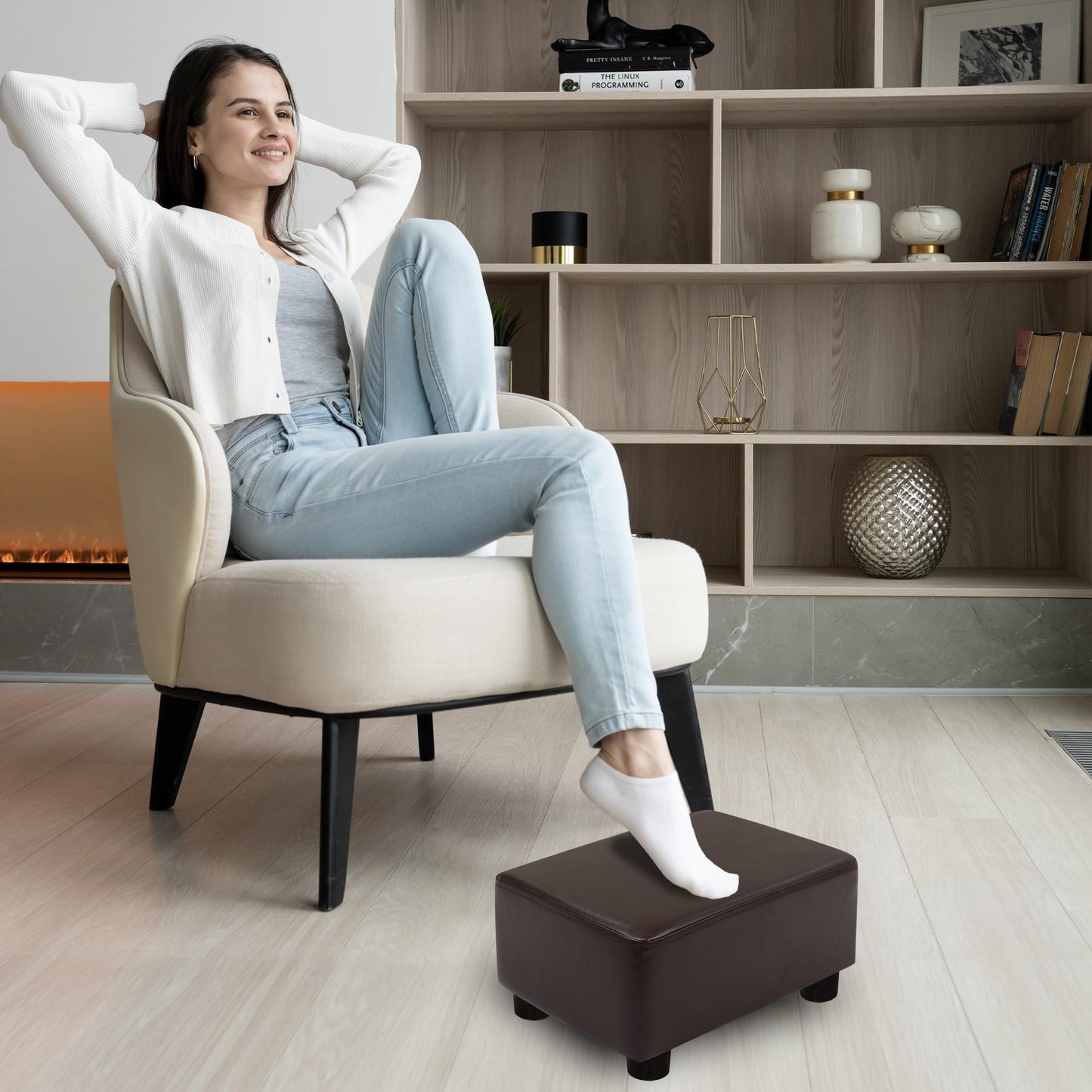 CAROLMADE Small Foot Stool Ottoman Footstool with Legs Under Desk Footrest for Living Room Bedroom and Office, Dark Brown