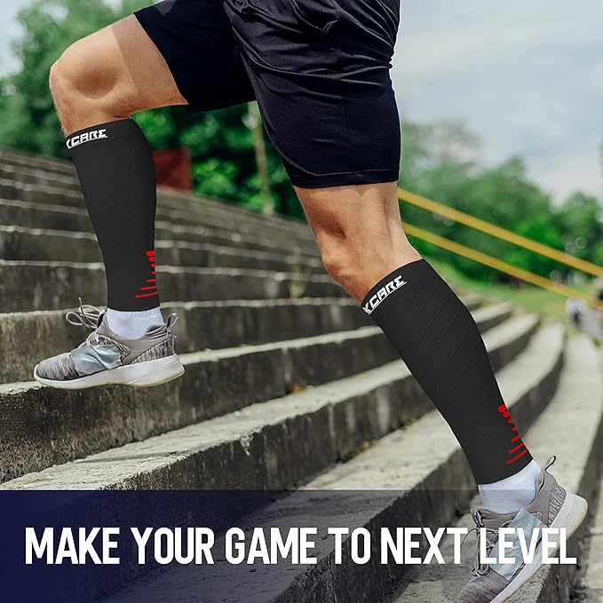Thoxcare Calf Compression Sleeve for Men Women (2 Pairs), Leg Support Footless Compression Socks for Running - Shin Splint Varicose Veins Swelling & Pain Relief, Black/Red, Large