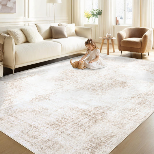 Area Rug 5x7 Vintage Rug: Washable Living Room Rugs Retro Medallion Distressed Large Rugs Soft Low Pile Non-Slip Indoor Floor Carpet for Bedroom Kitchen Nursery Dining Table Office (Beige, 5'x7')