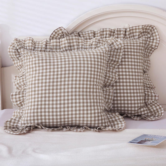 Mywinlle Taupe Plaid Ruffle Decorative Throw Pillow Covers for Couch 20"x20",2 Pack Vintage Checkered Washed Cotton Pillowcases for Bed, Sofa, Living Room