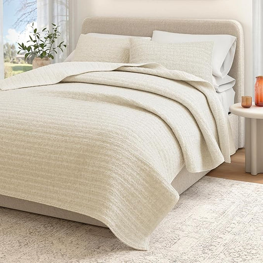 Great Bay Home King Size Taupe 100% Cotton Honeycomb Waffle Quilt and Sham Set - Garment Washed, Waffle Weave Like Texture, Lightweight 3-Piece Bedding Set (Natural)