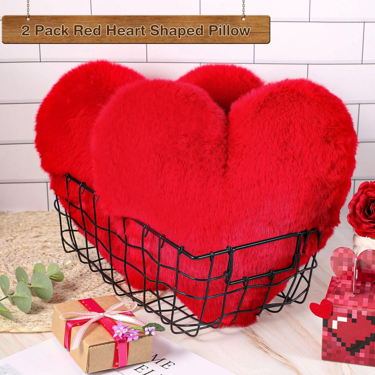 Marsui 2 Pcs Heart Throw Pillows, Soft Fluffy Faux Fur Decorative Hearts Shaped Pillows for Living Room Sofa Bed, Cute Heart Themed Gift for Mother(Red,11.81 x 11.02 Inch)