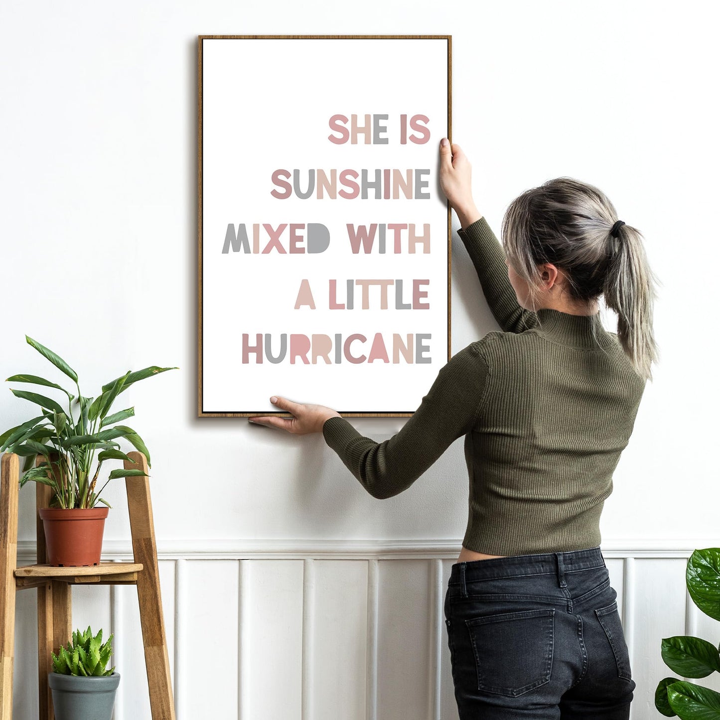 PHAMTE Girls Bedroom Wall Art Framed,She is Sunshine Mixed with a Little Hurricane Girly Room Wall Art Decor, Sunshine Boho Print Framed Canvas Painting Dorm Bedroom Nursery Playroom Decor 16x24in