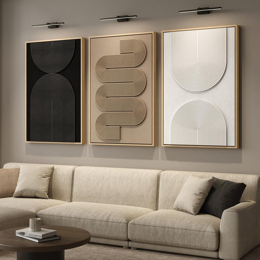Large 3D Textured Framed Boho Modern Neutral Abstract Wall Art for Living Room, 3 Piece Black White Brown Paintings Artwork for Walls, Geometric Pictures for Office Bedroom Dining Room Decor, 24x36 In