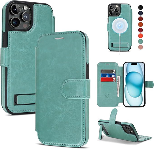 CIVICASE for iPhone 15 Pro Max Wallet Case with Stand,PU Leather Flip Credit Card Holder Slots (RFID Blocking),Compatible with Magsafe Magnetic Holder Phone Cover Women Men,Green