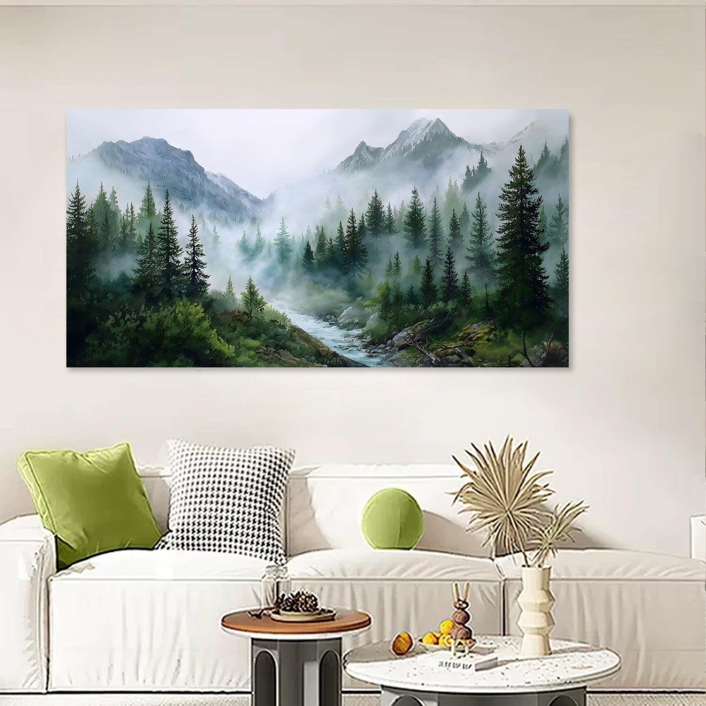 Trogonup Large Misty Forest Wall Art for Living Room Green Mountain Landscape Canvas Prints with Trees and River Modern Nature Artwork for Bedroom Office Home Decor 20"x40"
