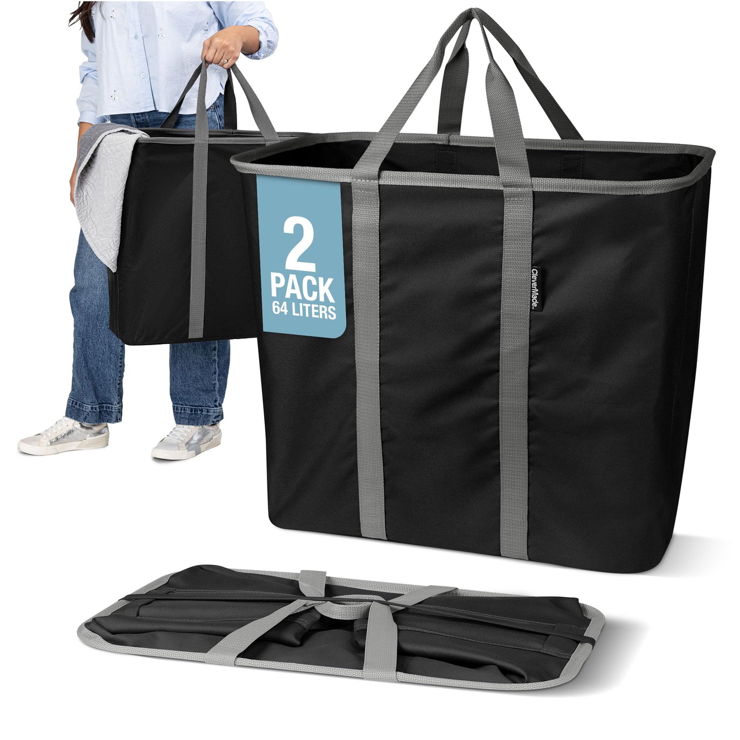 CleverMade Collapsible Laundry Caddy – Foldable Laundry Hamper & Tote, XXL 64L Pop-Up Laundry Basket with Handles, Space-Saving Laundry Organizer for Home, Dorm, Closet & Travel, 2 Pack - Black Gray