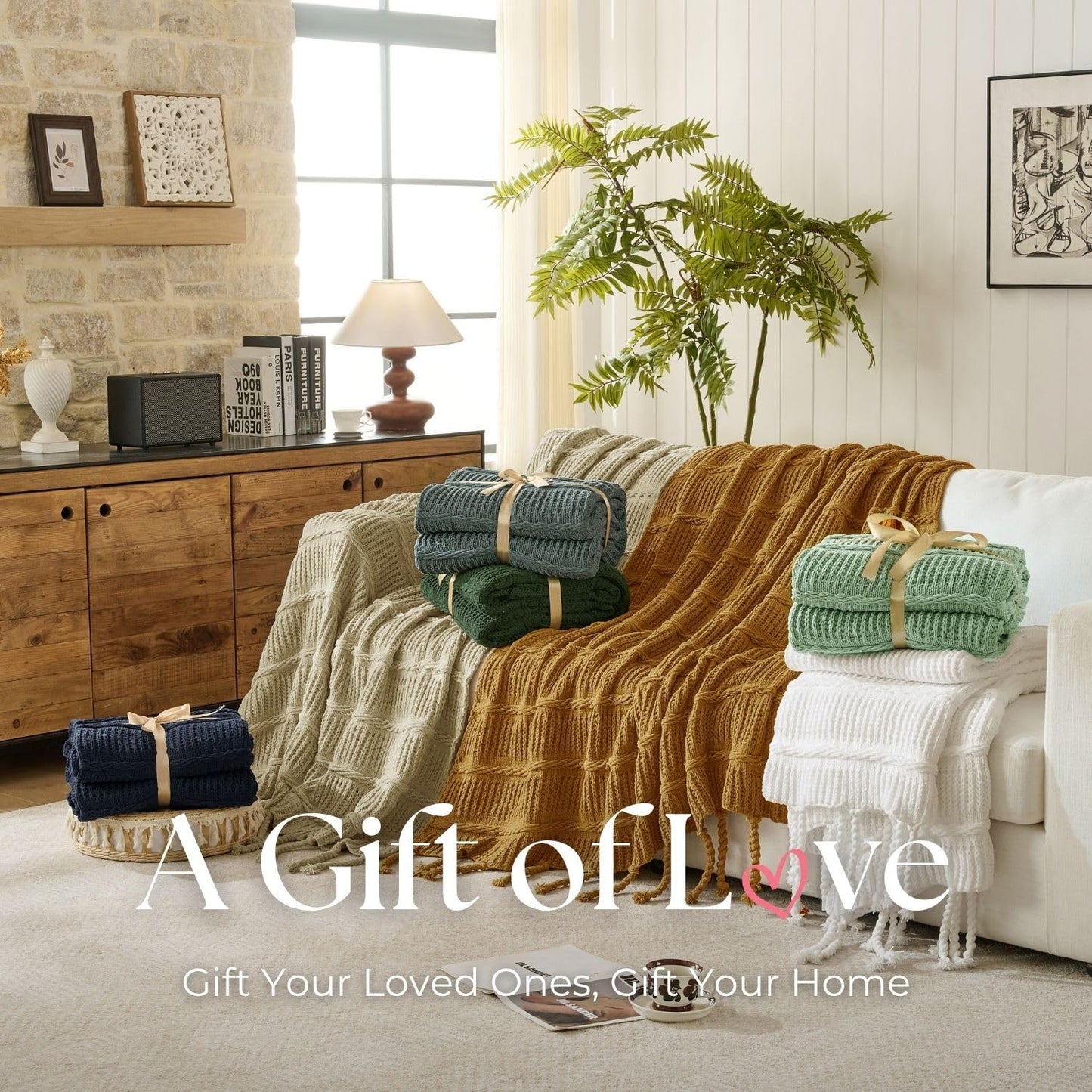 Boho Knitted Chenille Blanket with Tassels - Lightweight & Soft All-Season Throw - 3D Classic Pattern for Living Room Bedroom Couch, Cloud White, Throw 50"x60"