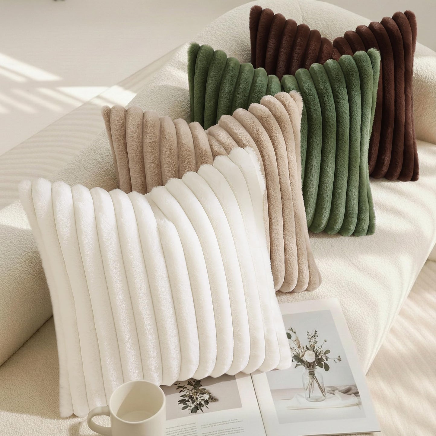 decorUhome Summer Cozy Faux Fur Throw Pillow Covers 12x20 Set of 2 Decorative Soft Plush Striped Lumbar Modern Farmhouse Boho Couch Pillow Cases with Velvet Back for Sofa Bed Living Room, Cream White