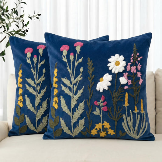 AVOIN colorlife Spring Summer Floral Daisy Embroidered Throw Pillow Covers, 18 x 18 Inch Dark Blue Colorful Flowers Decor Tufted Patterned Linen Cushion Case for Sofa Couch Set of 2