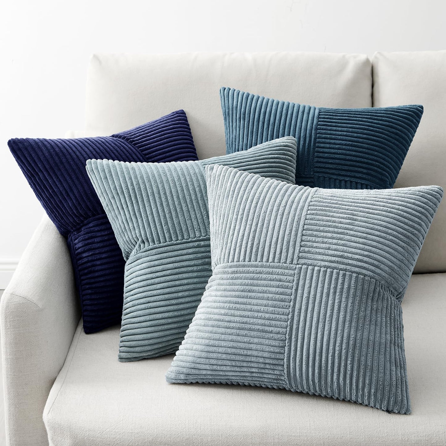 ANRODUO Pack of 4 Decorative Throw Pillows for Couch Neutral Blue 18x18 Inch Boho Cozy Soft Corduroy Cushion Covers Farmhouse Accent Pillowcases for Mid Century Coastal Summer Home Decor Living Room