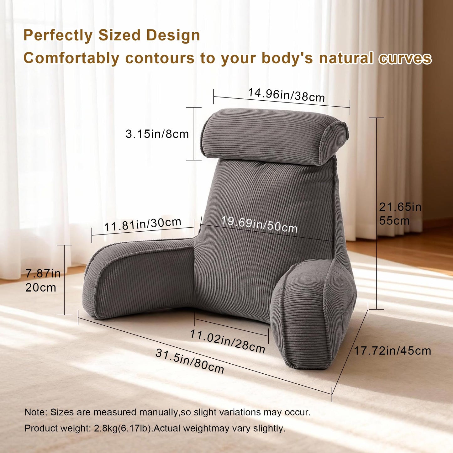 Ailuteie Reading Pillow for Sitting Up in Bed, Sofa & Floor – Corduroy Backrest Pillow with Arms, Side Pockets & Washable Cover, Bed Rest Pillow Back Support, Dark Grey
