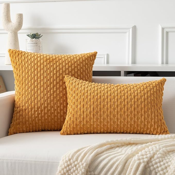 Kevin Textile Throw Pillow Covers Soft Corduroy Decorative Set of 2 Boho Striped Pillow Covers Pillowcases Farmhouse Home Decor for Couch Bed Sofa Living Room 24x24 Inch Golden Yellow
