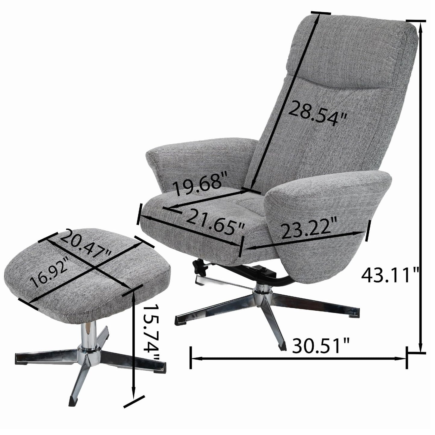 Trygoal Recliner Chair with Ottoman, 360° Swivel Ergonomic Chenille Armchair Reclining with High Back & Wide Armrests, 135° Manual Adjustable Lounge Chair with 4-Point Base for Living Room, Light Grey