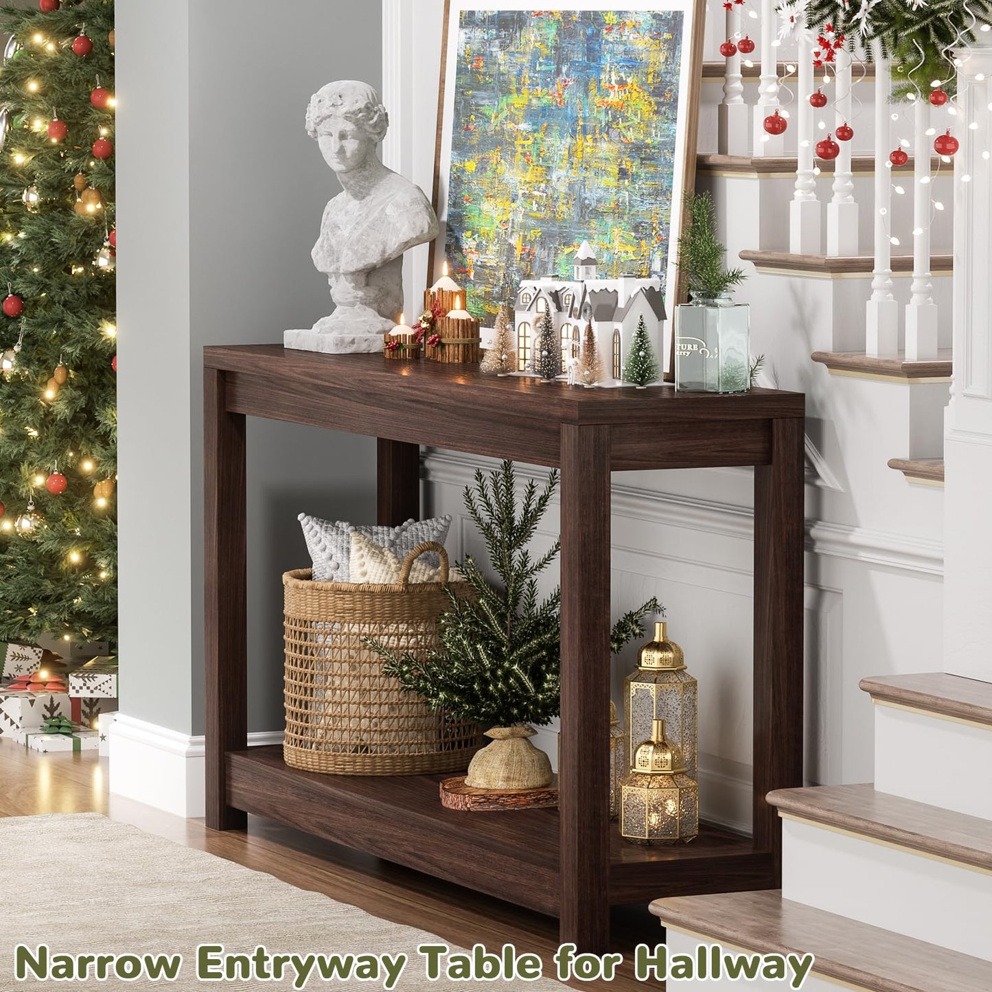 Besiost Small Farmhouse Wood Entryway Table Narrow Console Table with Storage Behind Couch Sofa Table with Shelves Entry Way Tables with Open Storage, Easy Assembly, 32" Black Walnut