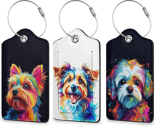Colorful Dog 3 Pack Luggage Tag for Suitcase, Leather Bag Tags with Privacy Cover ID Label and Durable Steel Loop for Cruise Airport Travel