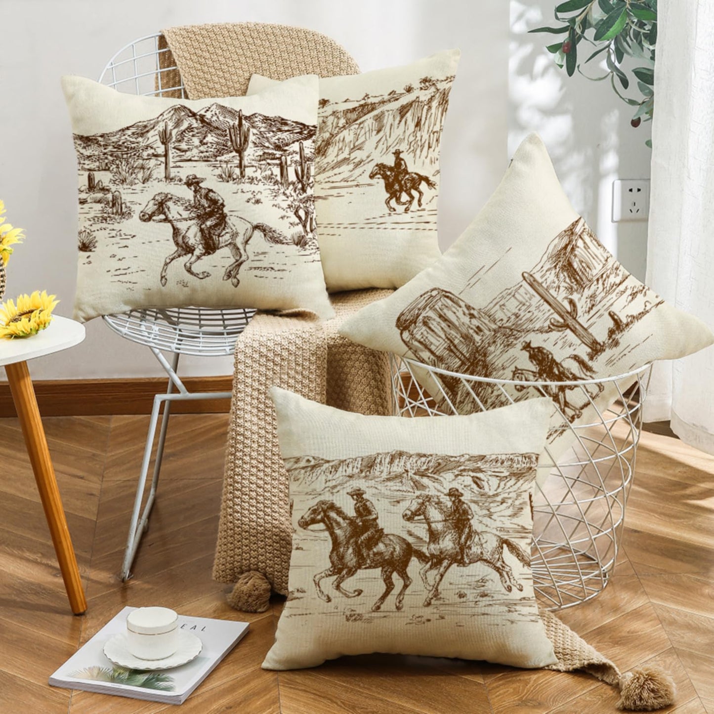 Sagielio Western Throw Pillow Covers Western Home Decor 18x18 Set of 4, Cotton Linen Pillows for Couch Living Room and Bedroom, Pillow Case Set for Cowboy Couples Boys Girls (Beige)