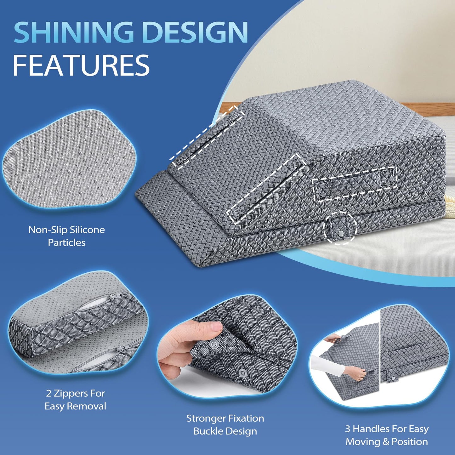 Wellsin 2 Height Adjustable Wedge Leg Pillow for Elevation, Memory Foam Leg Elevation Pillows for Swelling with 3 Handles and Washable Cover
