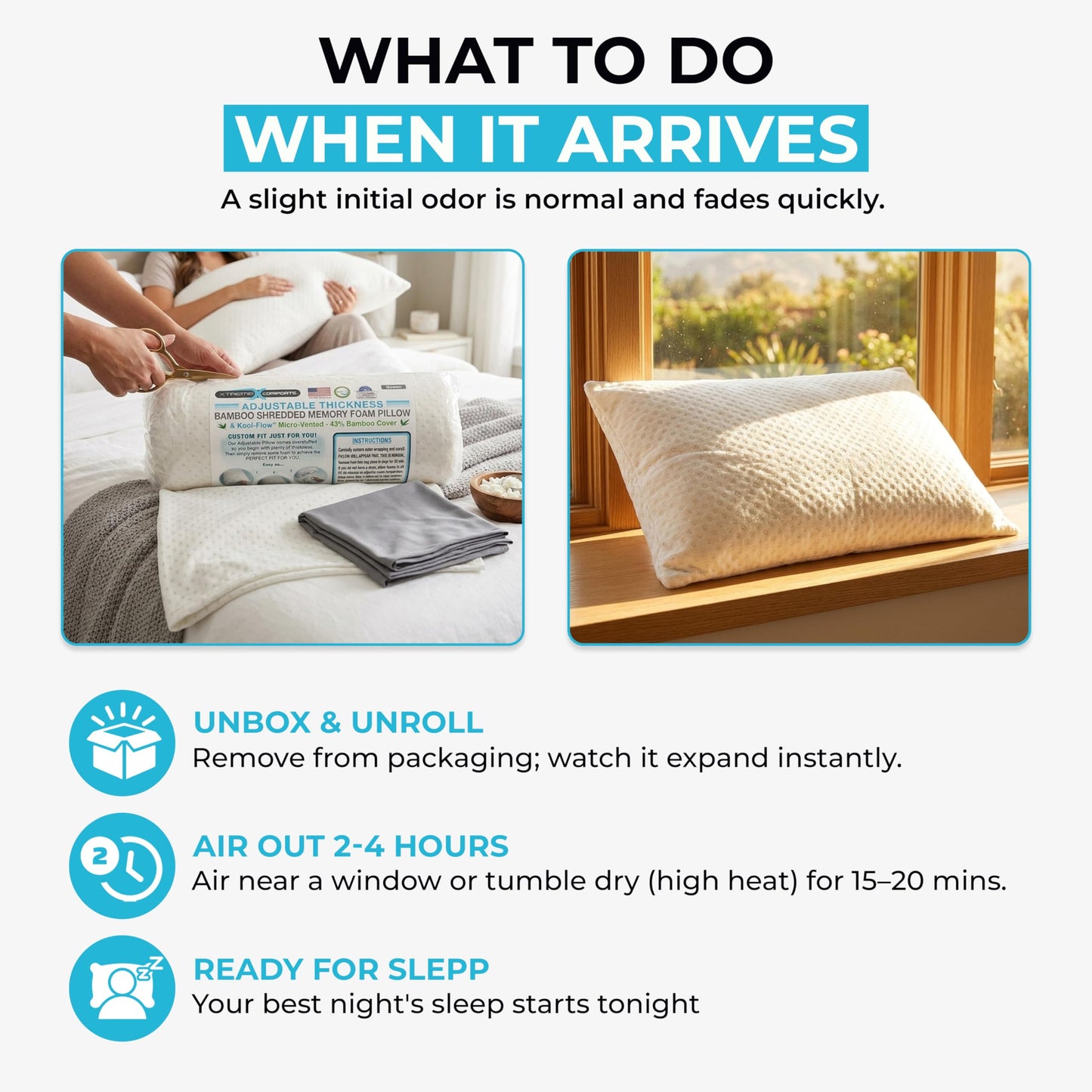 Xtreme Comforts Memory Foam Pillows | GREENGUARD Certified Shredded Foam Fill for Personalized Support | Slim Cooling Pillow for Sleeping on Side, Back & Stomach | 2 Pillows Standard Size