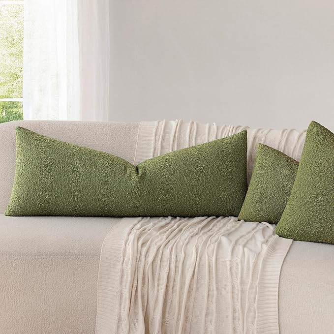 Foindtower Decorative Textured Boucle Throw Pillow Covers Accent Solid Pillow Cases Neutral Long Body Lumbar Couch Cushion Case for Chair Sofa Bedroom Living Room Home Decor 14x36 Inch,1PC,Green
