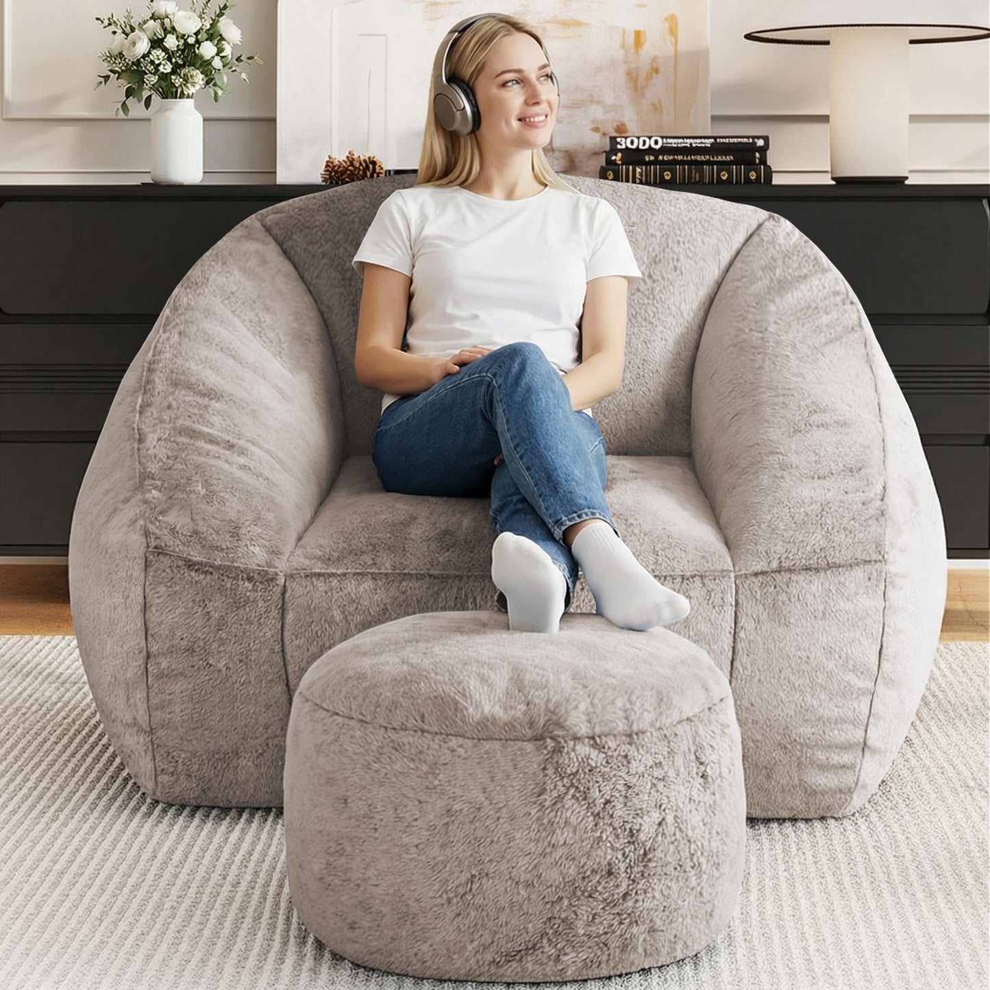lilanoon Bean Bag Chairs with Ottoman for Adults, Comfy Beanbag Chair with High-Resilience Foam, Oversized Bean Bag Sofa with Soft Faux Fur Fabric, Bean Bag Chair for Living Room,Bedroom,Khaki