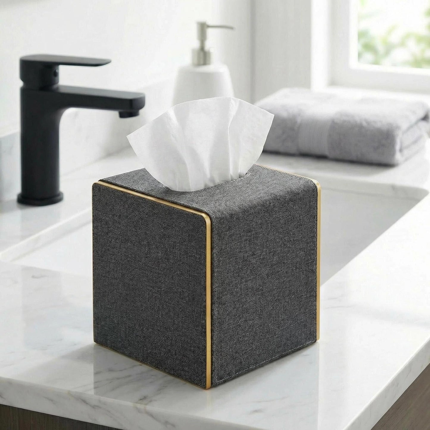 Xonusin PU Leather Square Tissue Box Cover, Linen Tissue Box Holder with Magnetic Closure, Decorative Modern Cube Tissue Box for Bathroom Vanity Countertop Bedroom Office Desk (Gray)
