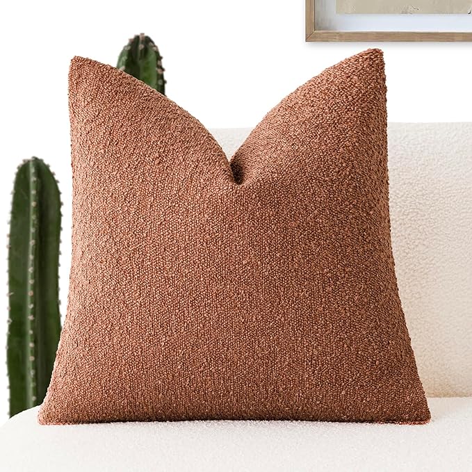 Foindtower Decorative Textured Boucle Throw Pillow Covers Accent Solid Pillow Cases Neutral Soft Cozy Couch Cushion Case for Chair Sofa Bedroom Living Room Home Decor 24x24 Inch,1PC,Burnt Orange Hazel