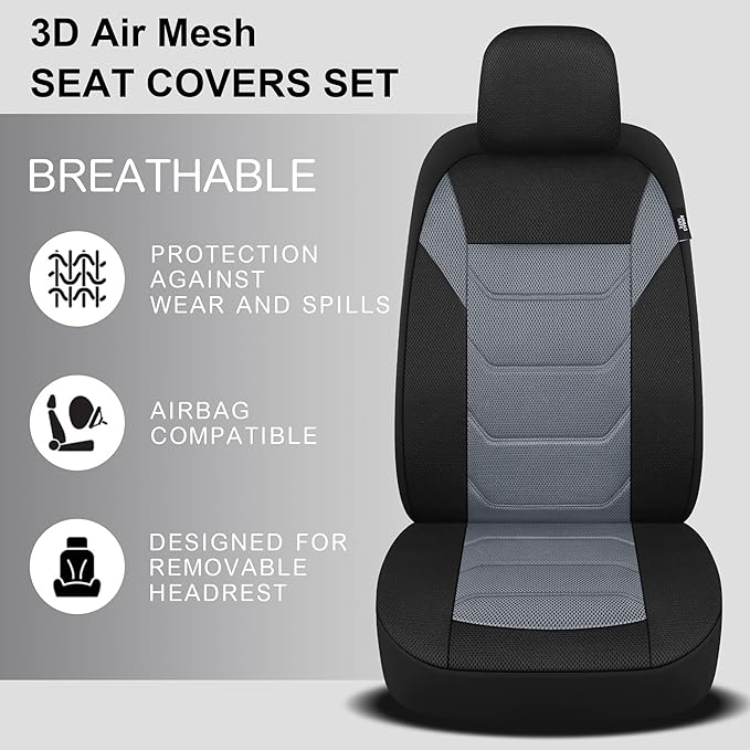Pariiaotin 3D Air Mesh Car Seat Covers Front Sets Washable and Breathable Premium Cloth Automotive Vehicle Seat Covers for Cars Interior, Universal Fit for Most Cars, Sedan, Truck, SUV(Black/Gray)