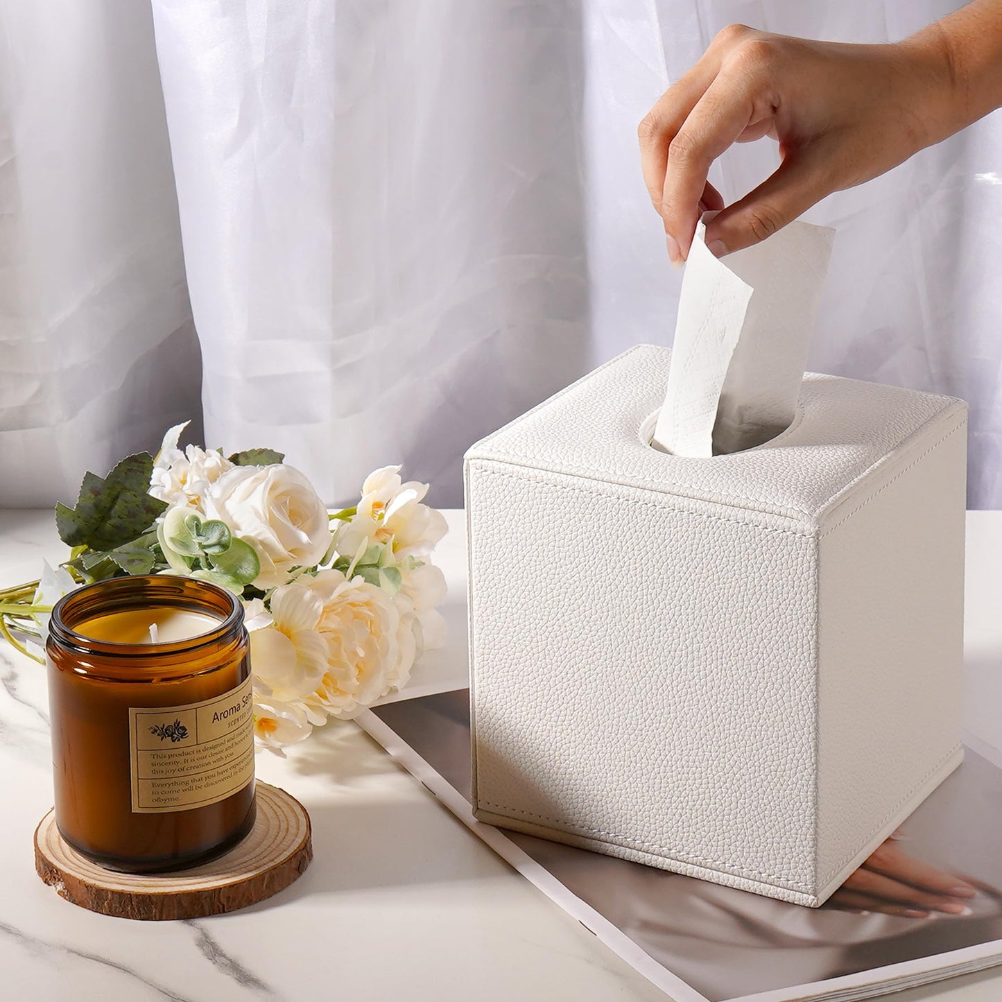 DODAMOUR Square Tissue Box Cover, White PU Leather Cube Holder with Magnetic Bottom, Sturdy MDF Structure Facial Tissue Dispenser for Bathroom Vanity Nightstand (White)