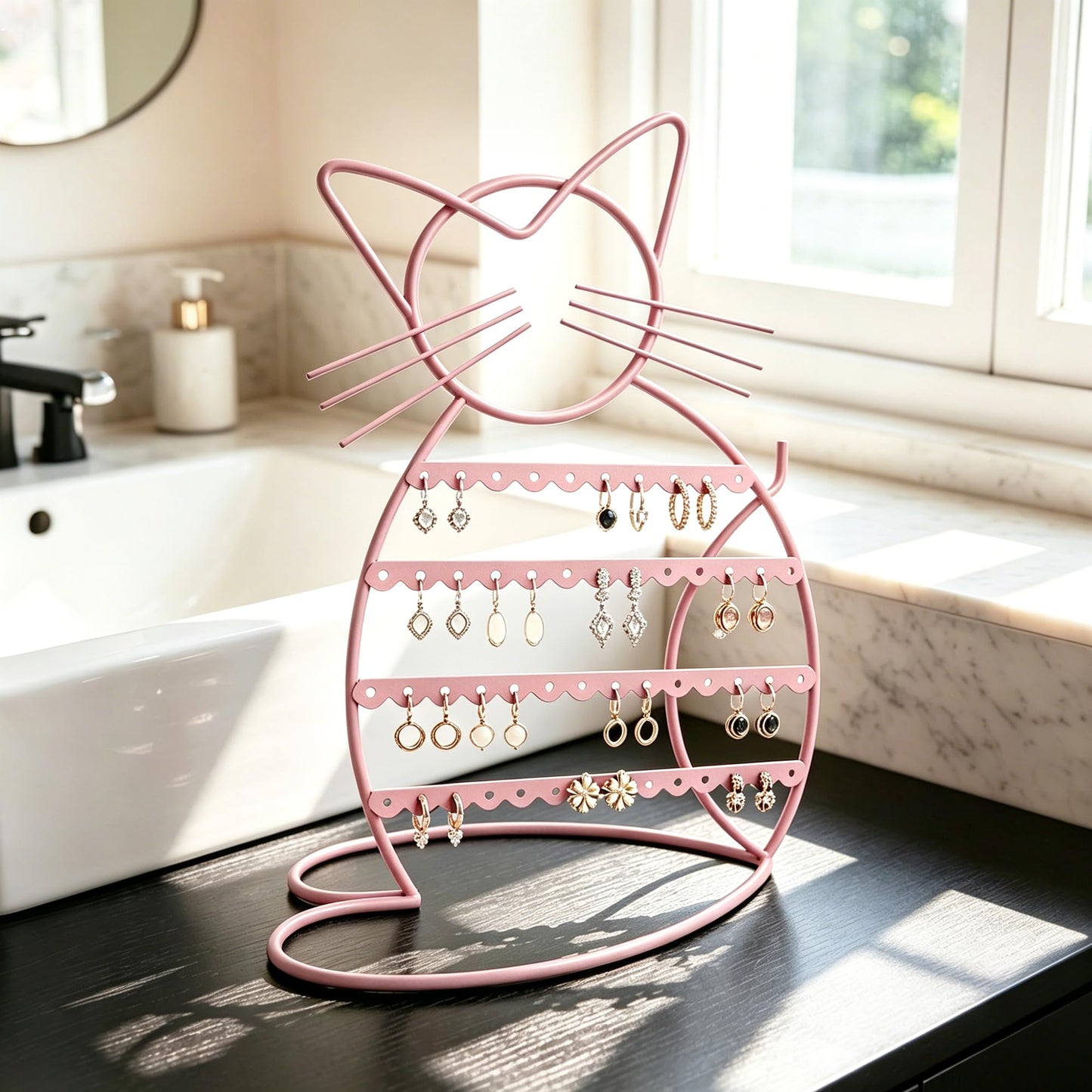 Urban Deco Jewelry Organizer Stand Cat Shaped Earring Holder Organizer Metal 48 Stud Earring Holes Jewelry Holder, Metal Jewelry Display Vanity Organizer For Girls - Macron Pink
