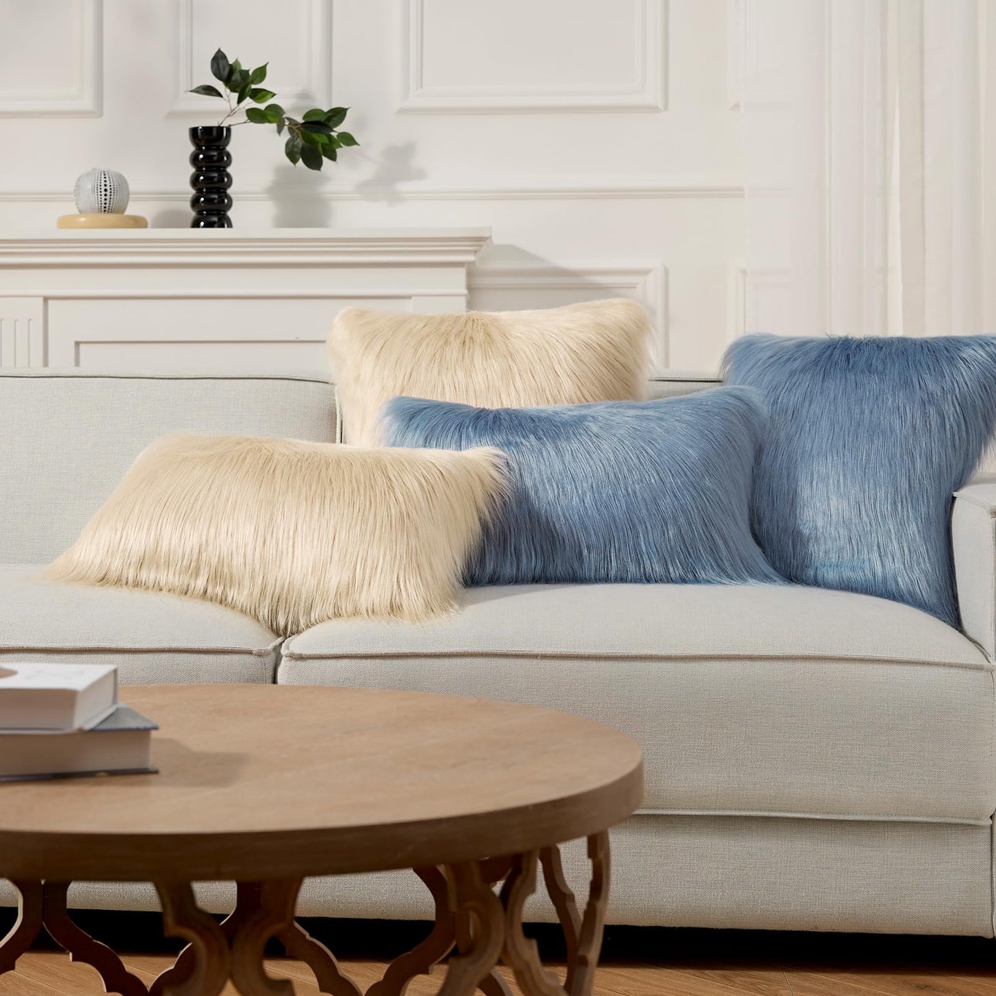 Phantoscope Pack of 2 Faux Fur Throw Pillow Covers Cushion Covers Luxury Soft Decorative Pillowcase Fuzzy Pillow Covers for Bed/Couch, Blue 18 x 18 Inches