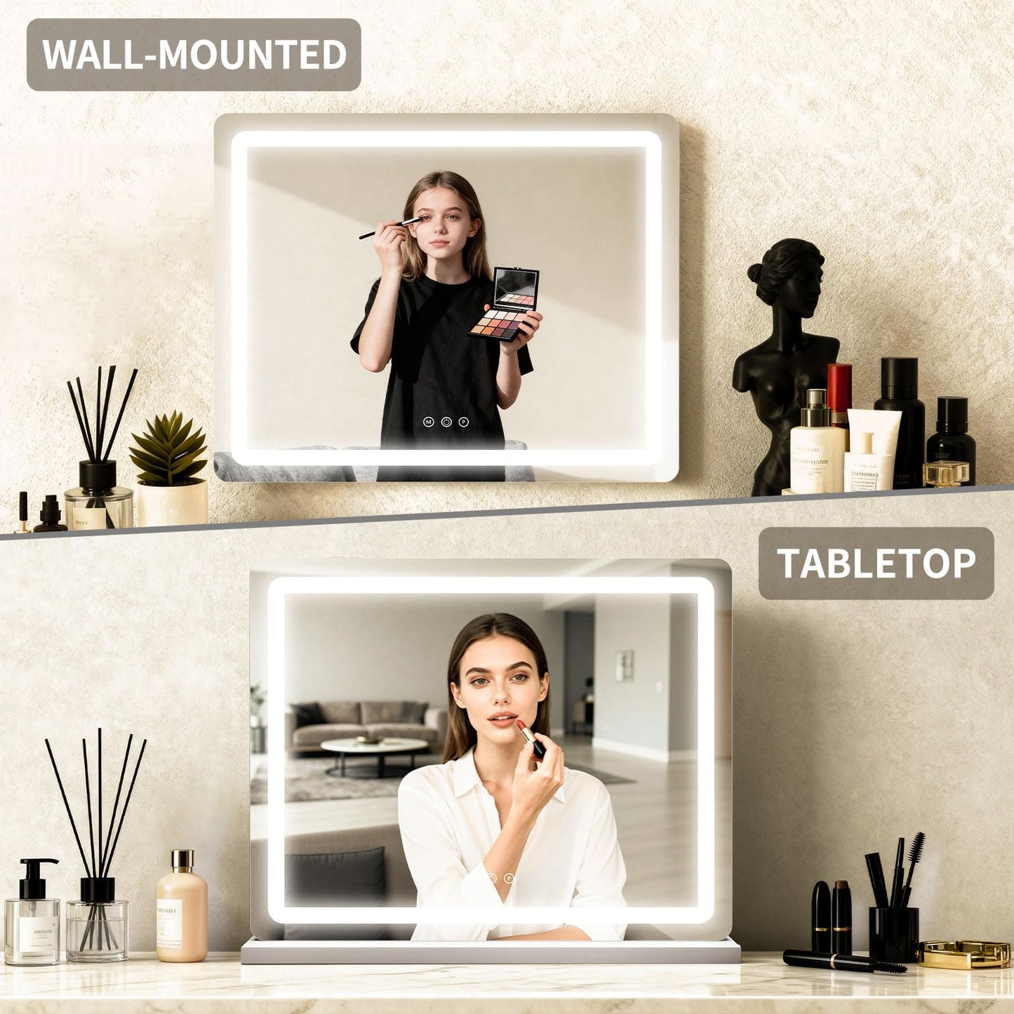 ROLOVE 23"x 18" Large Vanity Mirror with Lights, LED Makeup Mirror for Dresser and Desk, 10X Magnification, Dimmable Touch Control, Wall Mounted or Tabletop Mirror for Bedroom (White)