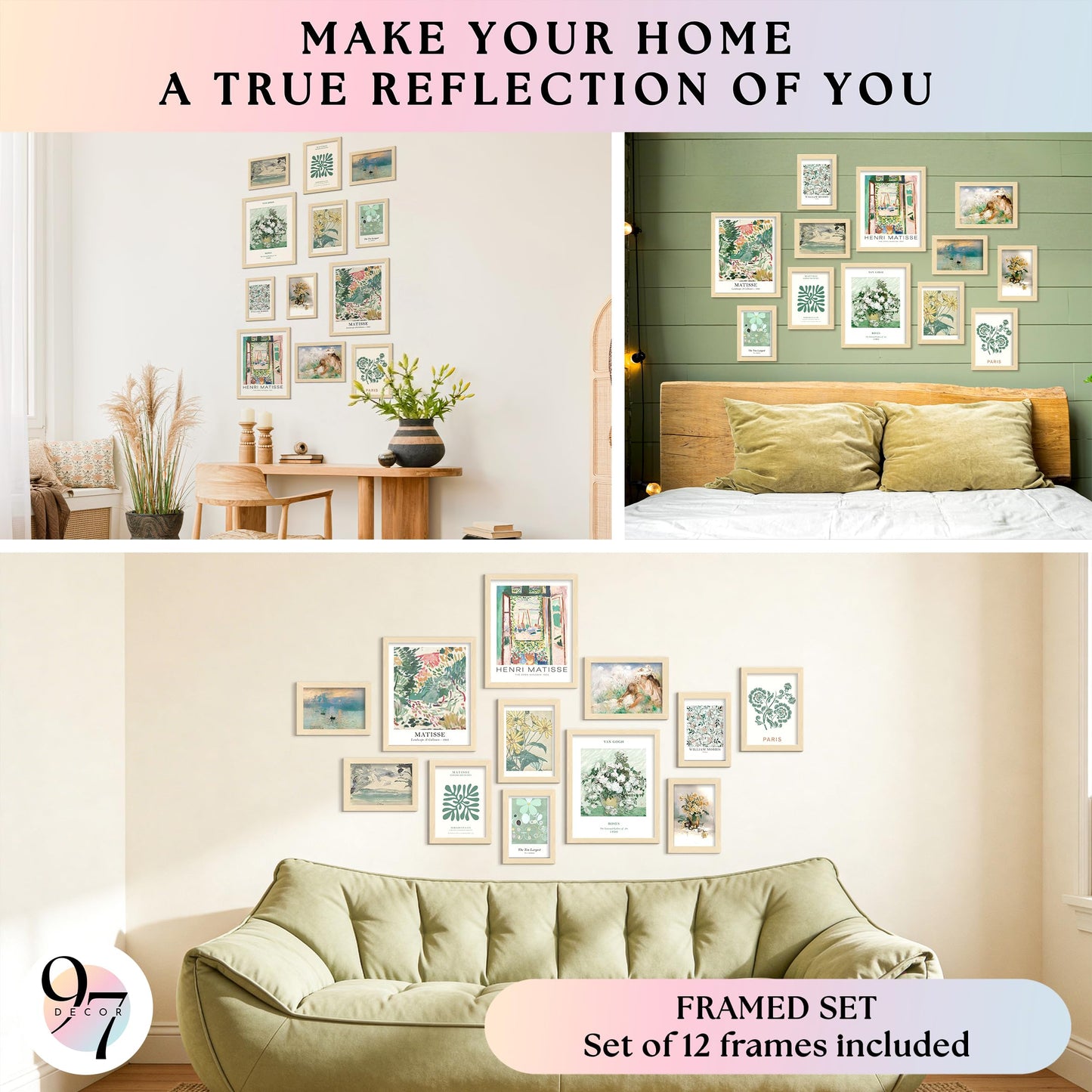 97 Decor Sage Green Framed Wall Art - 12 Pcs Sage Green Wall Art Prints For Dorm,famouse Artist Paintings Matisse Posters For Room Aesthetic, Abstract Boho Pictures For Bedroom, Living Room (BEIGE FRAME)