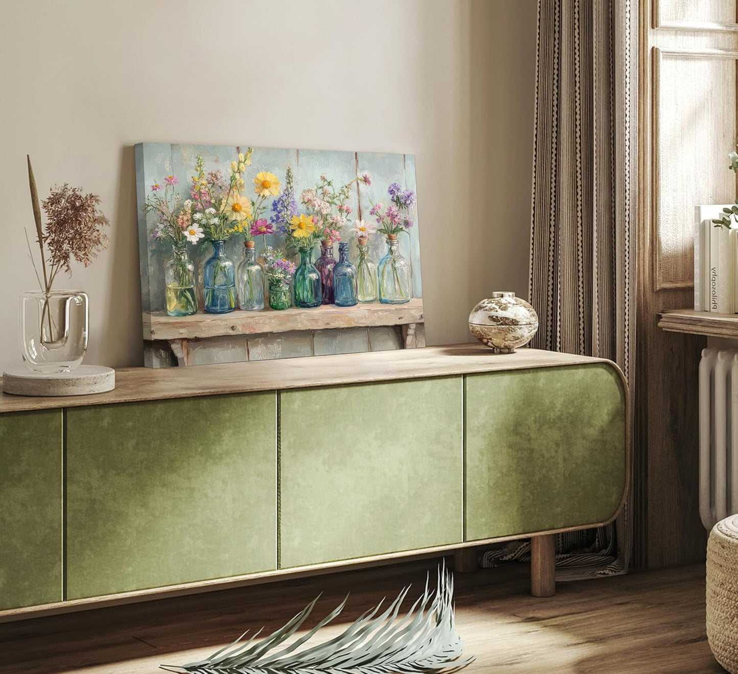 Farmhouse Flower Canvas Wall Art Wildflowers Bottles Wall Decor Rustic Plants Flowers Poster Print Artwork for Bathroom Living Room Bedroom Study Room Home Decoration