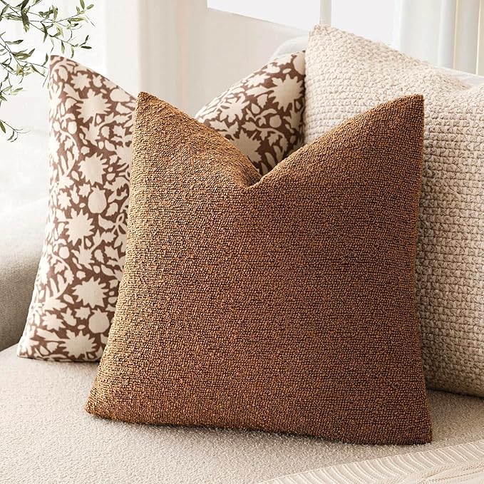 Foindtower Decorative Textured Boucle Throw Pillow Covers Accent Solid Pillow Cases Neutral Soft Cozy Couch Cushion Case for Chair Sofa Bedroom Living Room Home Decor 26x26 Inch,1PC,Hazel Brown