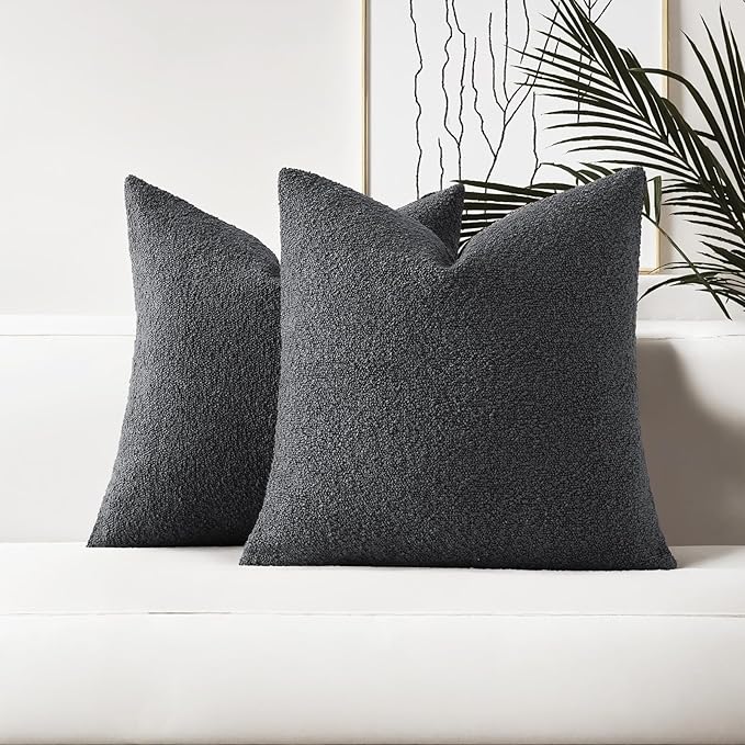 HAUSSY Set of 2 20x20 Decorative Throw Pillow Covers, Soft Cozy Textured Boucle Couch Cases, Home Decor for Couch Bed Living Room, Dark Grey