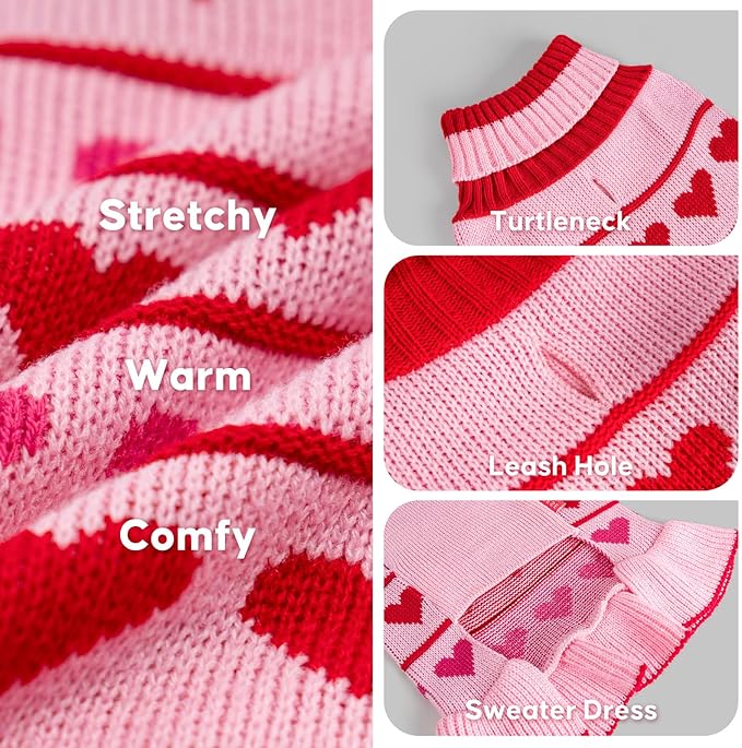 KYEESE Valentines Dog Sweater, Stretchy Pullover Small Dogs Sweater, Soft Turtleneck Dog Sweaters for Small Dogs, Warm Pet Sweaters Dress with Heart Print, Comfy Pet Clothes Coat with Leash Hole, M