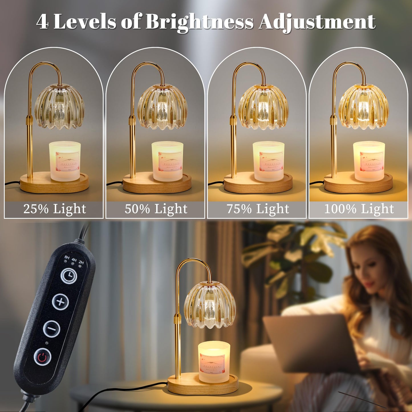 Heymirro Candle Warmer Lamp with Timer Dimmer Adjustable Height, for New Home Decor,Valentine's Day, Birthday Gifts for Women,Wax Warmer Lamp for Jar Candles with 2 Bulbs(Gold)