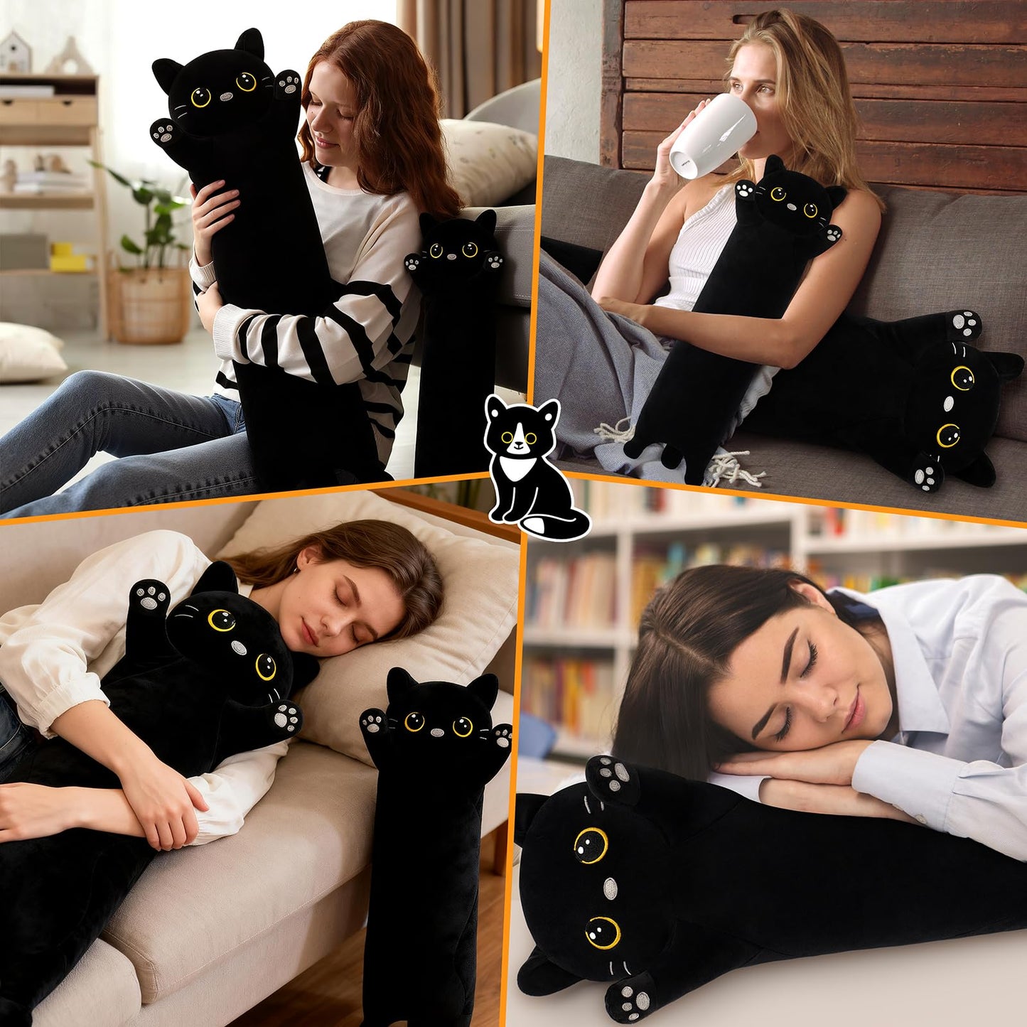 Sprinqdawin Cat Stuffed Animal-20” Black Cat Plush,Cute Plushies Animal Body Pillow,Kawaii Plush Toys Animals Gifts,Soft Animals Sleeping Hugging Pillow Cushion Dolls for Kids Adults Birthday