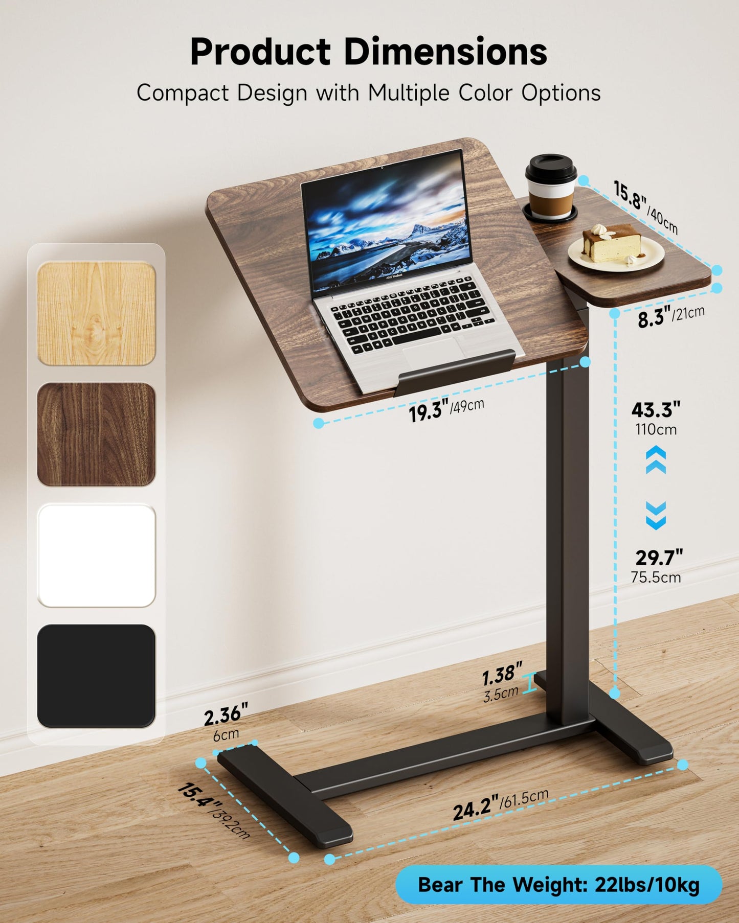 BZIUM Overbed Bedside Table with Hidden Wheels, Adjustable Medical Tilt Top Hospital Bed Table Over The Bed, Rolling Desk Mobile Standing Desk (27.6x15.8, Walnut)